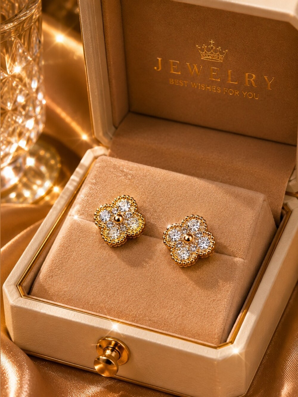 Earring Clover. Moissanite stone. Stainless Steel Hupoallergenic Plated gold.